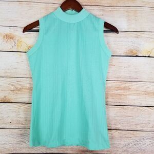 True Vintage Womens Top Size S Mint Green Aqua Modest‎ Sleeveless Vertical Lines